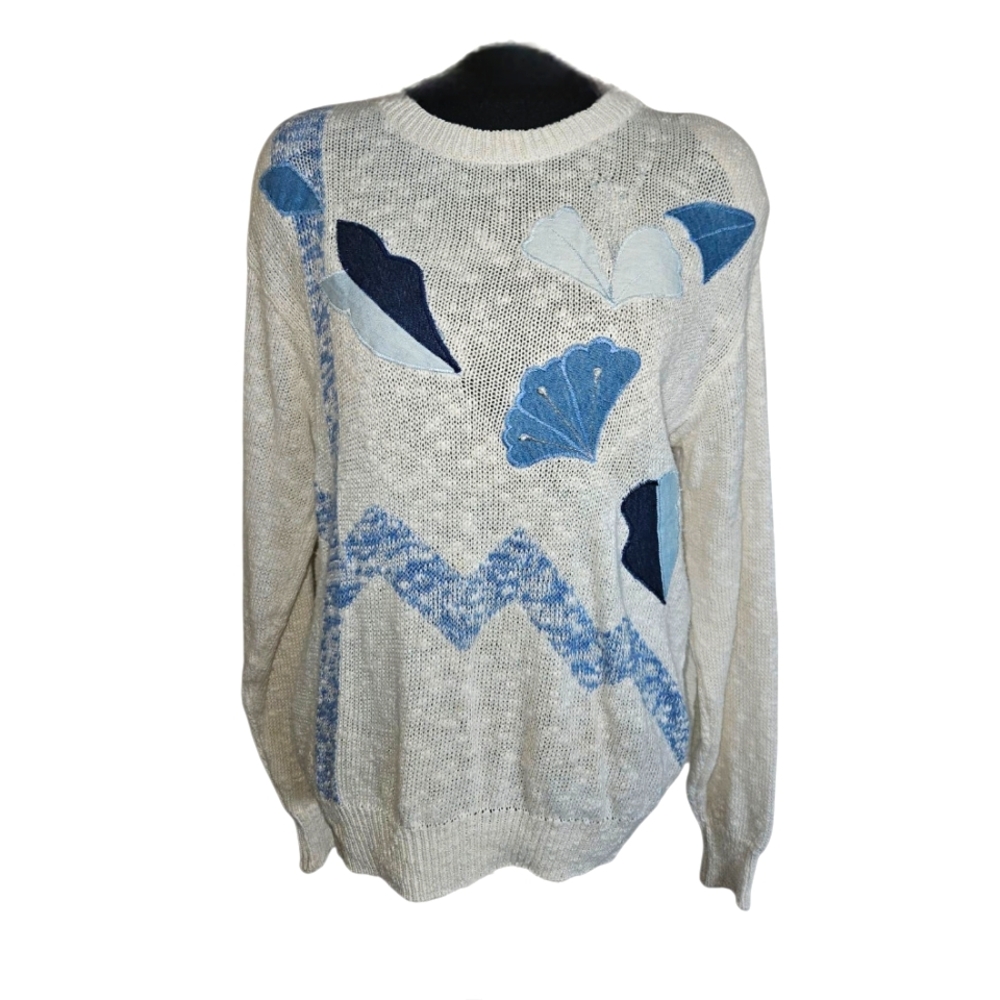 Vintage Alfred Dunner Denim Patchwork Knit Lightweight Sweater Size L
